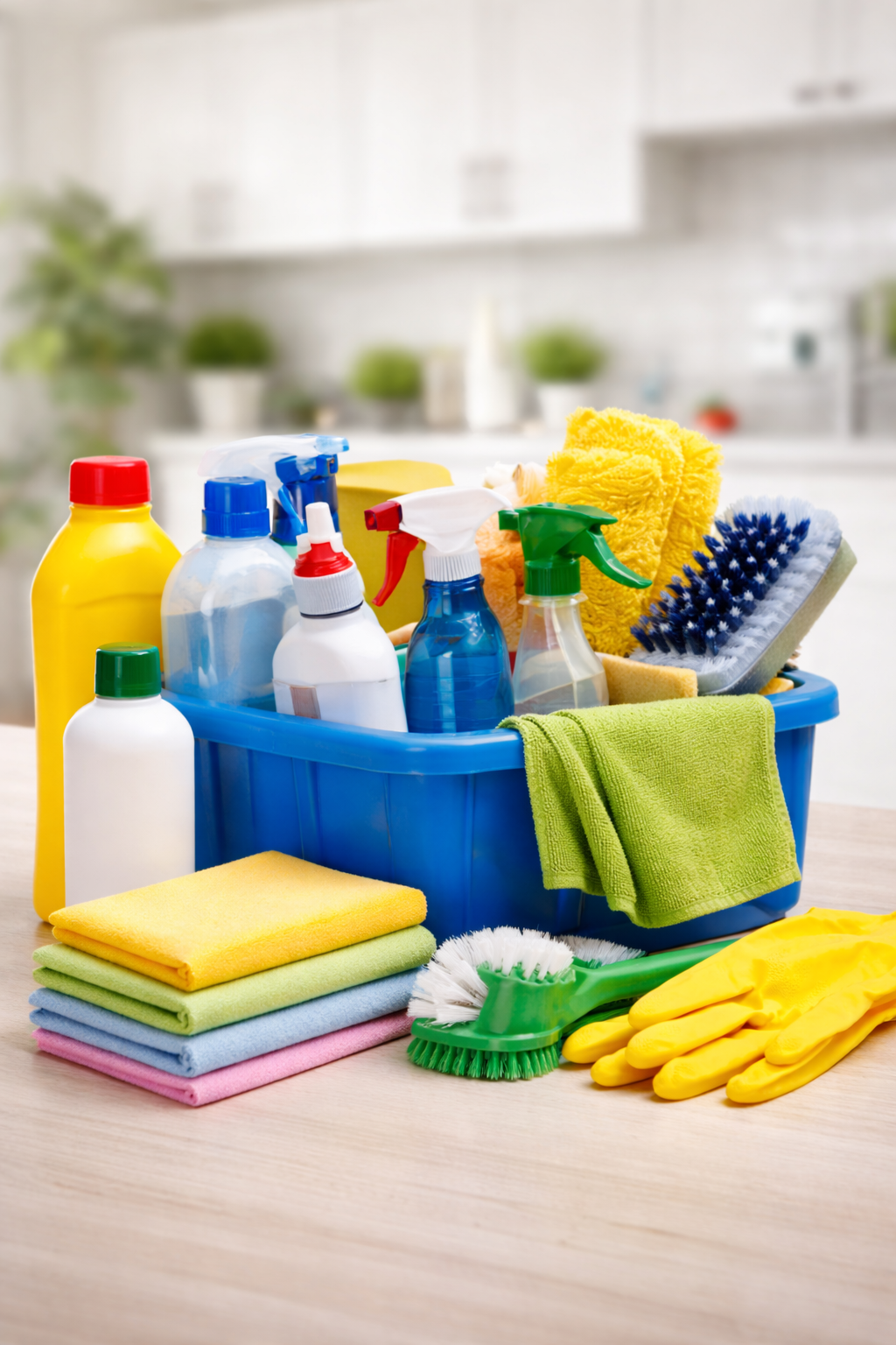 A blue plastic cleaning caddy filled with various cleaning supplies including spray bottles, a scrub brush, a sponge, microfiber cloths, and rubber gloves on a wooden surface in a bright kitchen.