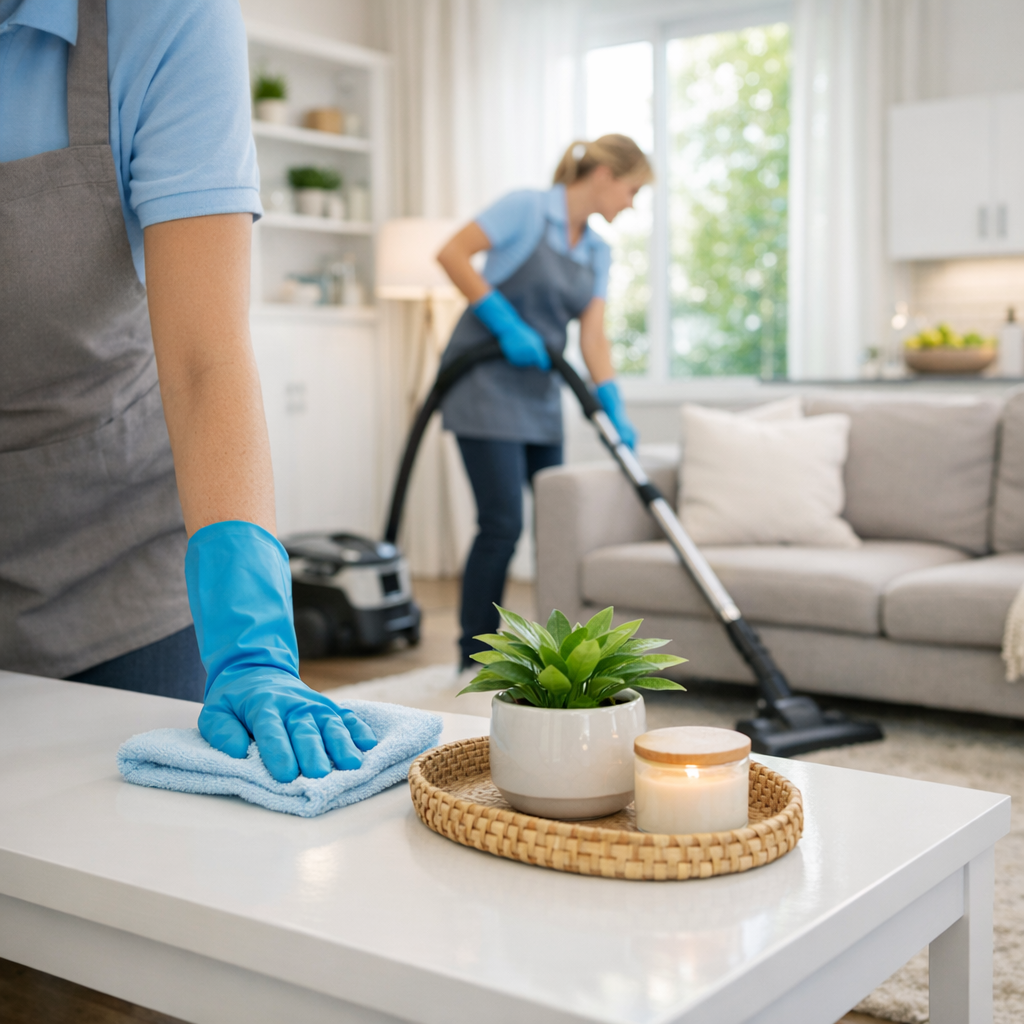 Two people cleaning a living room, one on a white table with a cloth and the other vacuuming in the background, both wearing gloves.