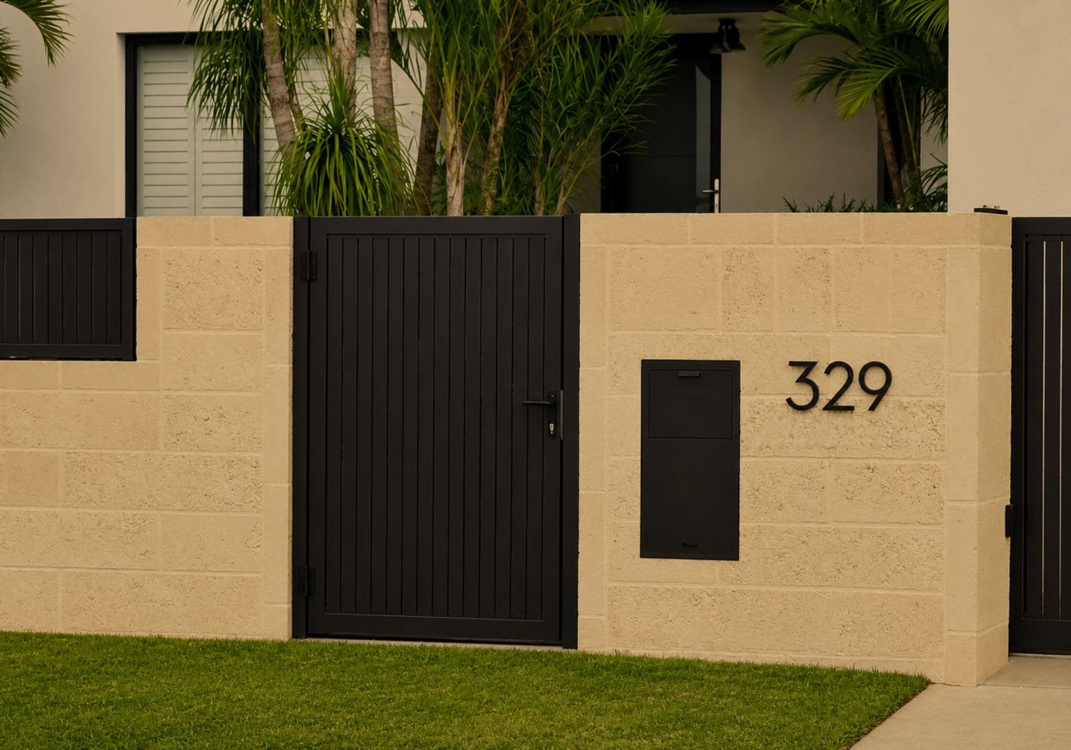 Photo of a modern beige concrete wall with a black door, black mailbox, and house number 329, with green grass in front and tropical plants behind.