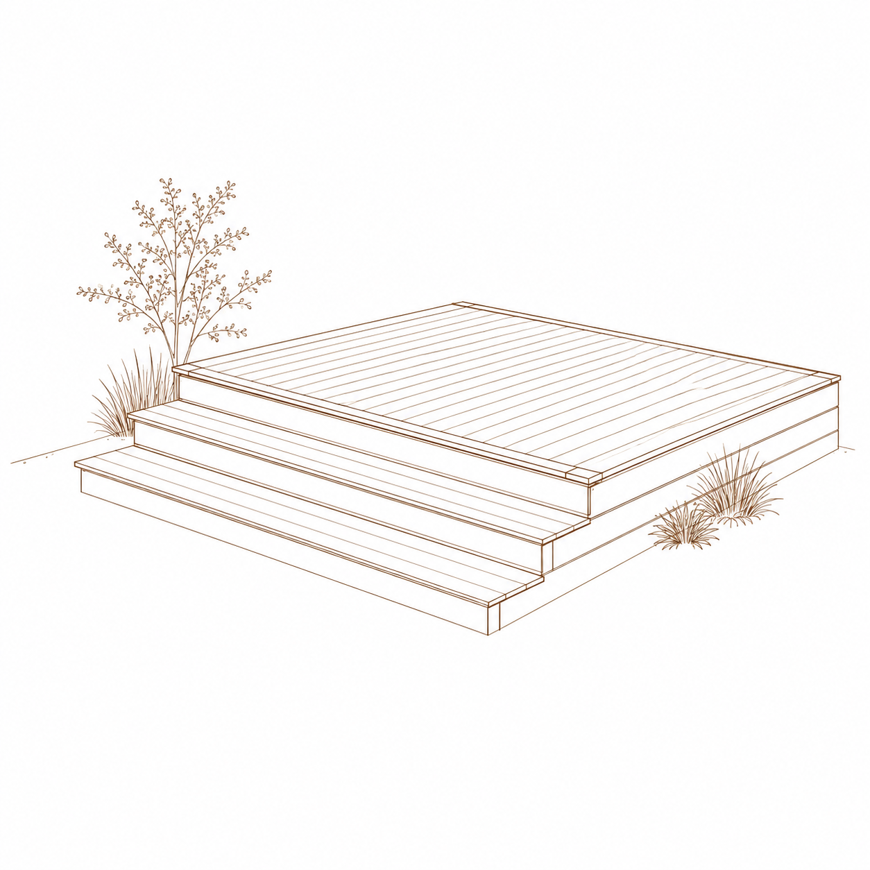 Line drawing of a small outdoor wooden deck with stairs, surrounded by grass and small plants, including a bush and ornamental grass.