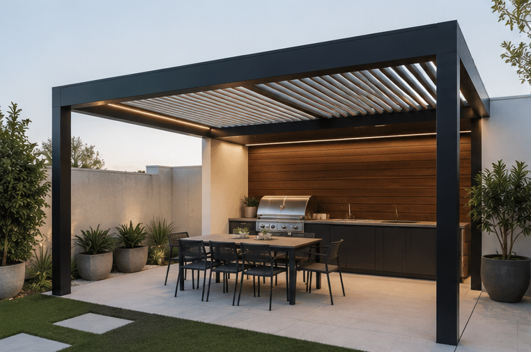 Outdoor modern patio with a dining table, six chairs, and a built-in grill area under a pergola with slatted roof.
