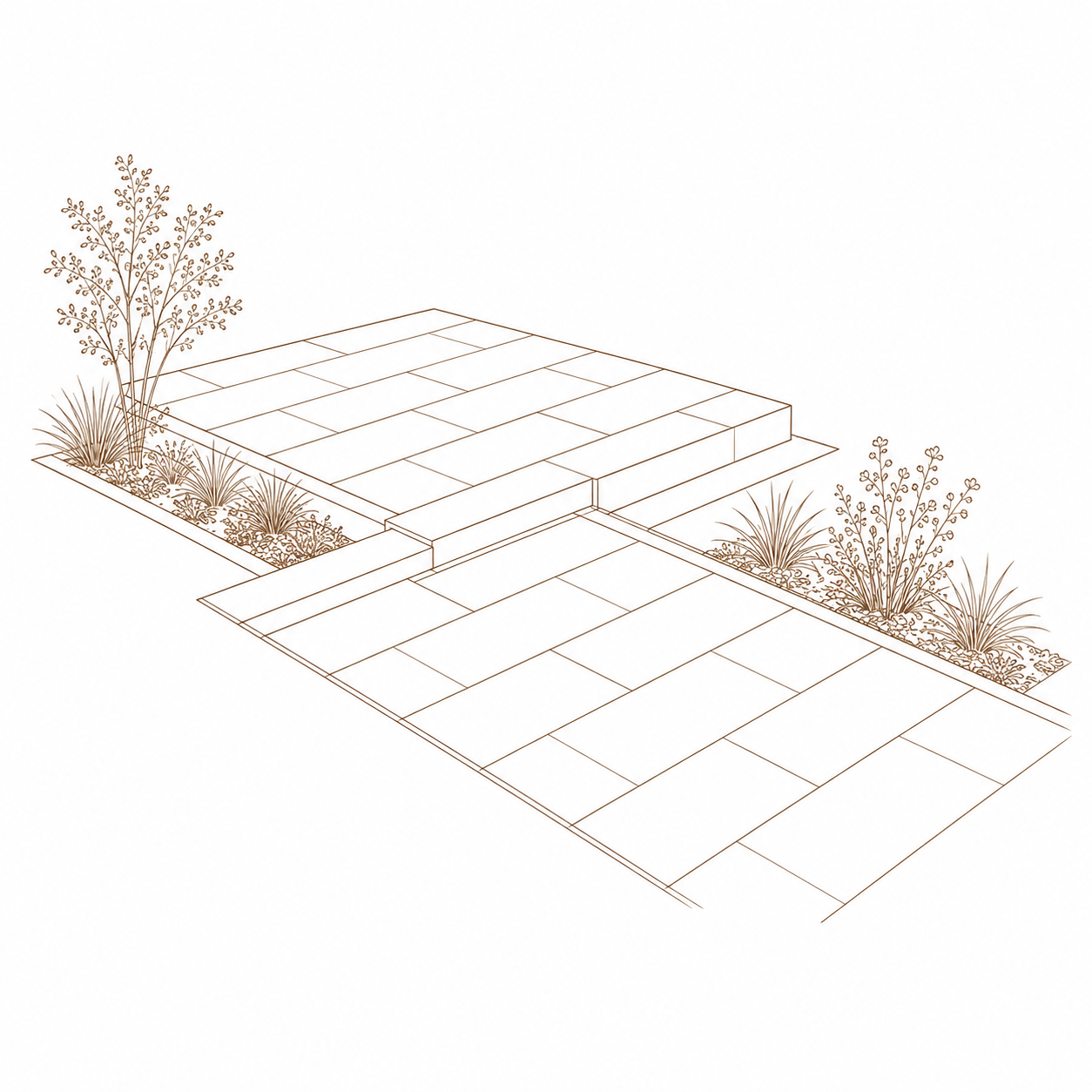 Sketch of a paved outdoor walkway with steps and garden beds with plants on either side.