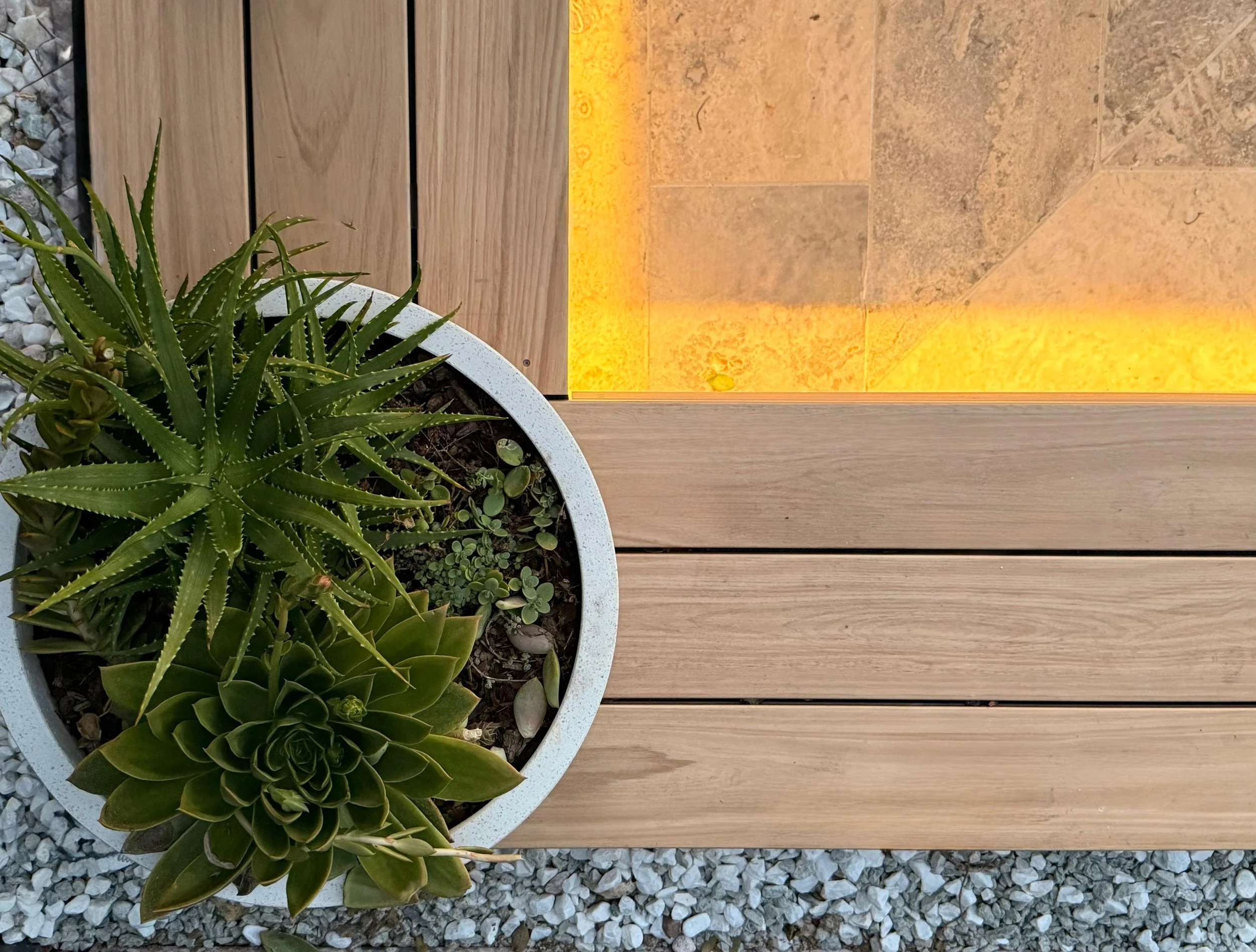 A close-up of a potted aloe vera plant on a wooden deck with gravel surrounding it, featuring travertine paving in the background.