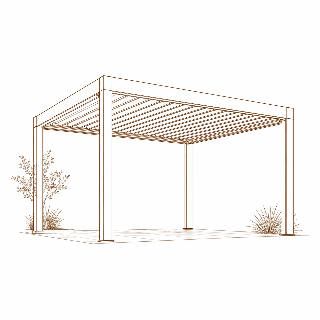 Line drawing of a modern pergola structure with woven roof, surrounded by small bushes and plants.