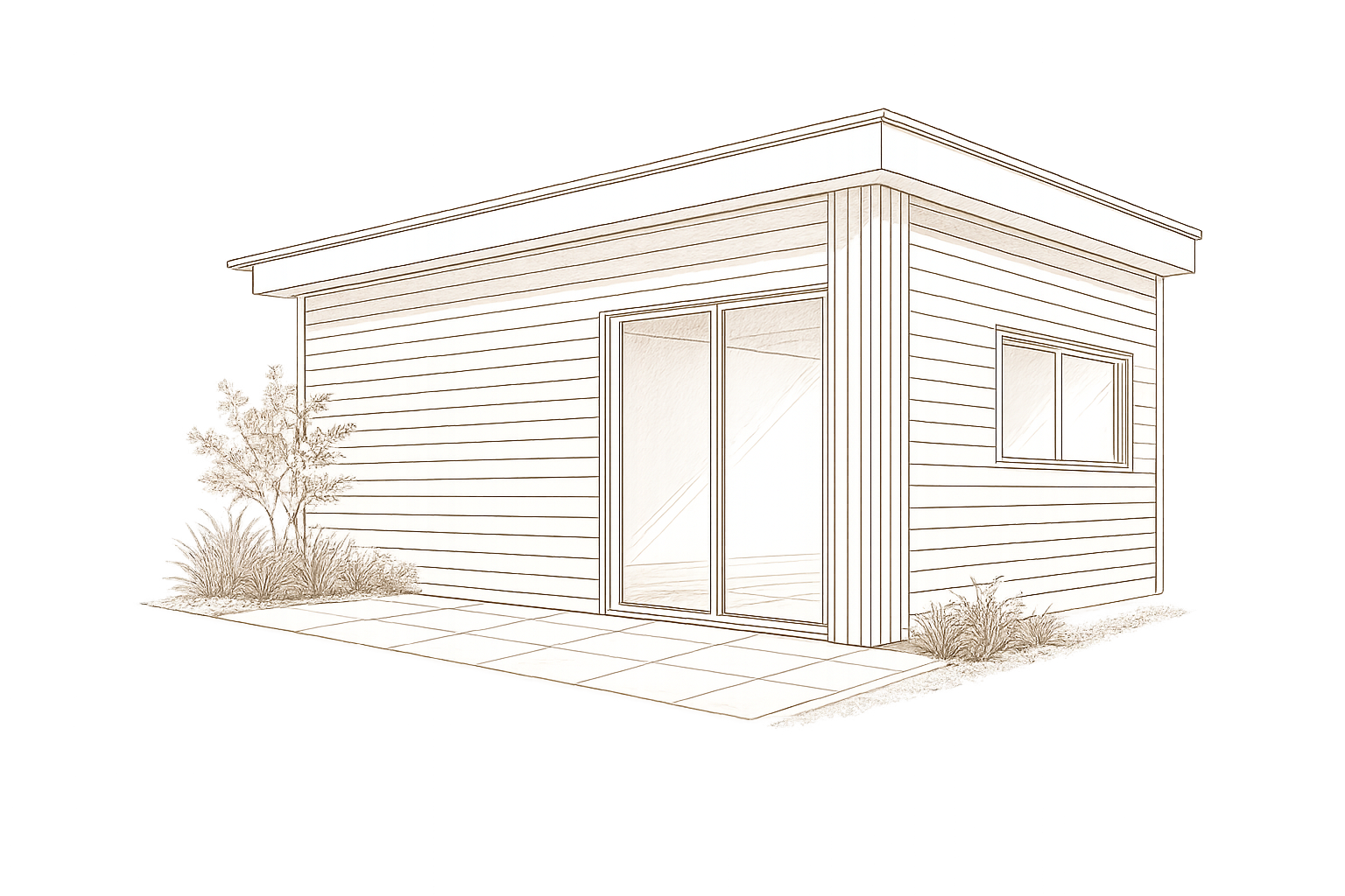 Line drawing of a modern small house with weatherboard cladding, large sliding glass door, and a window, surrounded by a patio with rocks and plants.