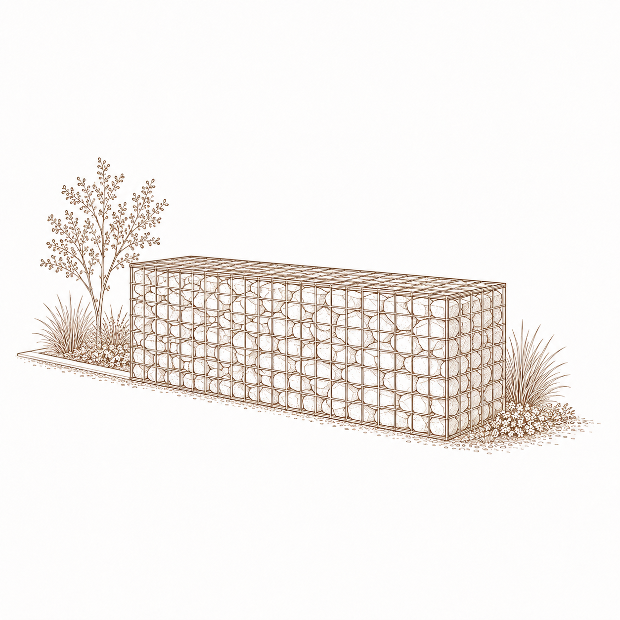 Illustration of a gabion retaining wall filled with rocks, flanked by small trees and ornamental grasses on a landscaped area.