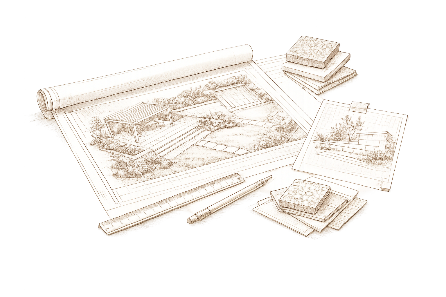 Architectural blueprints and landscape design sketches on a table, with a ruler, pen, and samples of textured materials stacked nearby.