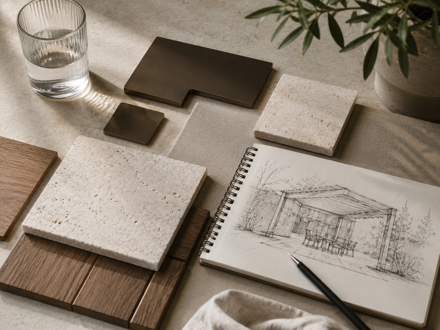 Interior design materials with tiles, wood samples, a sketch of a patio with furniture, a pen, a glass of water, and a potted plant.