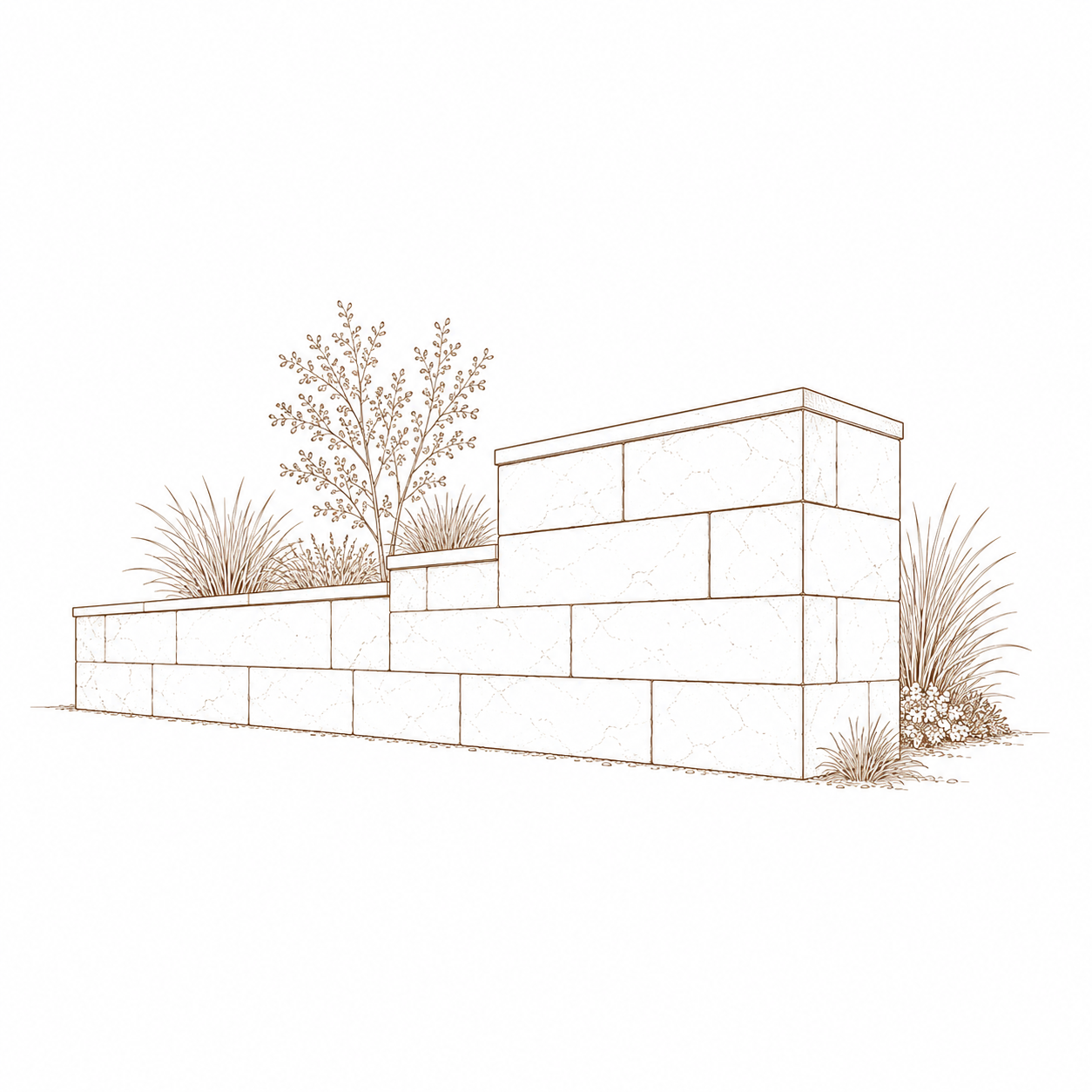 Line drawing of a stone garden wall with plants and bushes behind it.