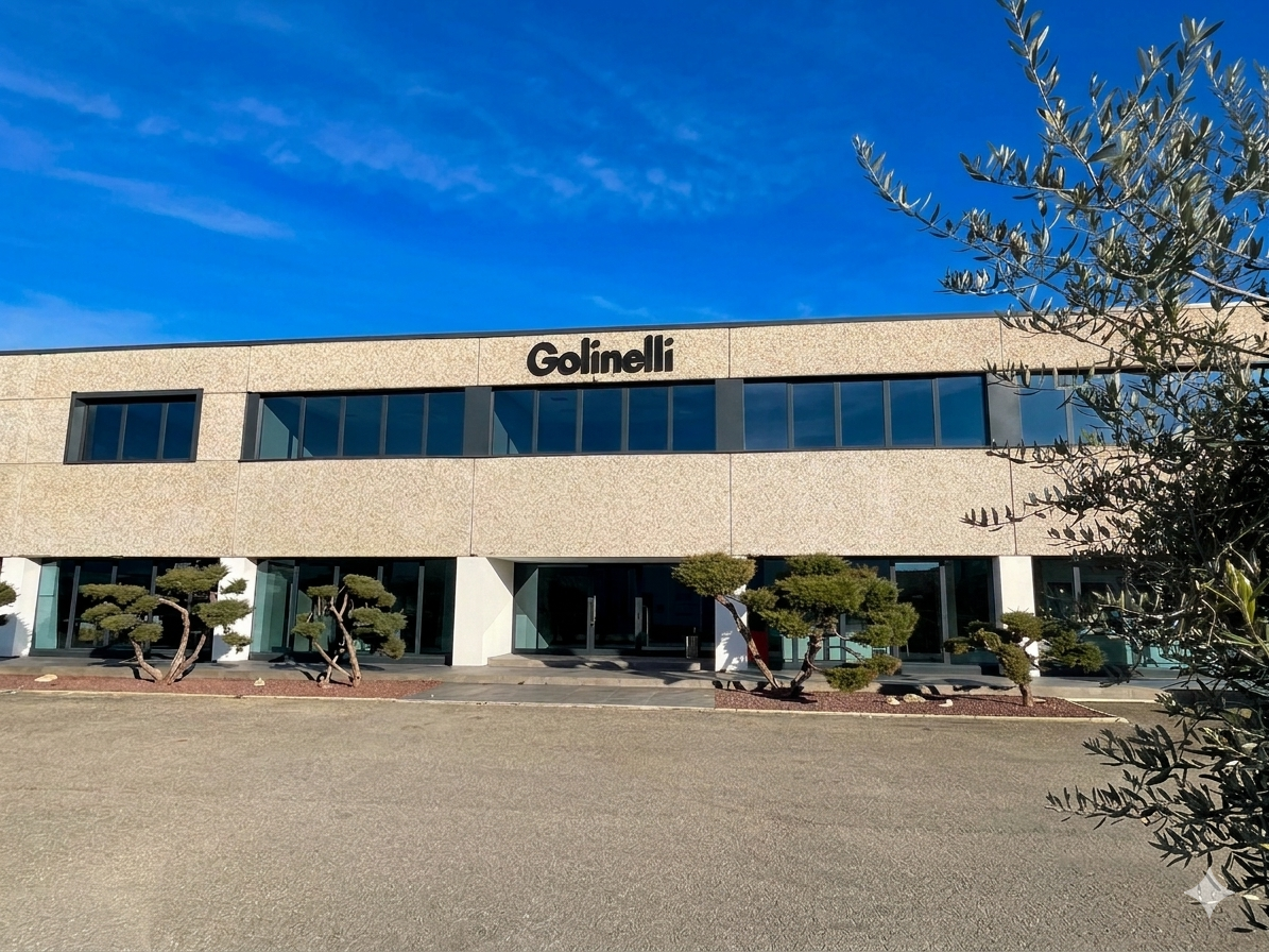 Edificio con il nome Golinelli sulla facciata, pareti di colore beige, finestre grandi e piantine sul davanti, sotto un cielo blu.