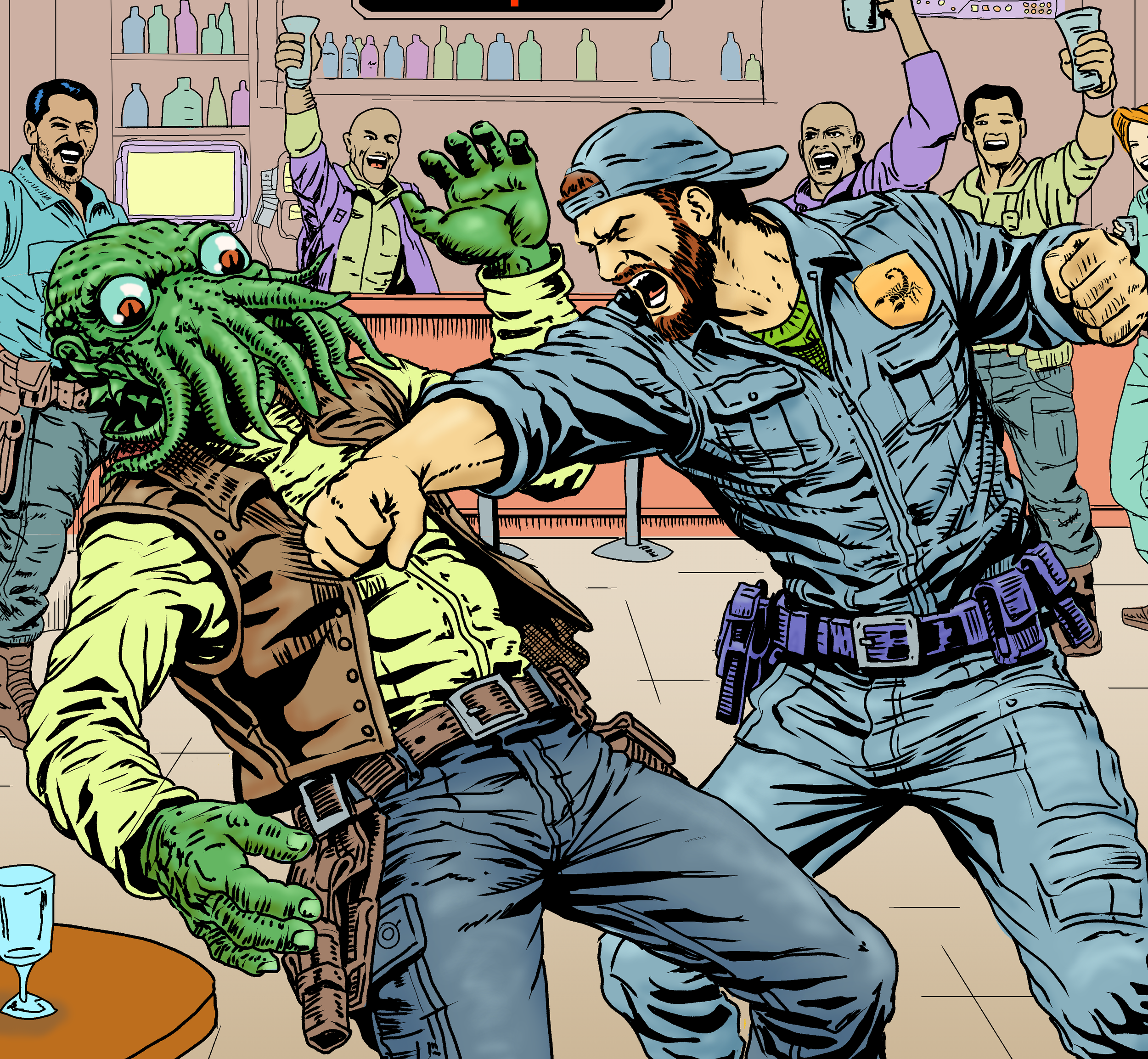 A comic-style illustration showing a man with a beard and baseball cap, wearing a black vest and blue jeans, fighting off a green, tentacled alien creature across a bar counter. The scene is lively with several men in the background cheering and holding drinks, while the creature's tentacles are wrapped around the man's arm and the bar's surface.