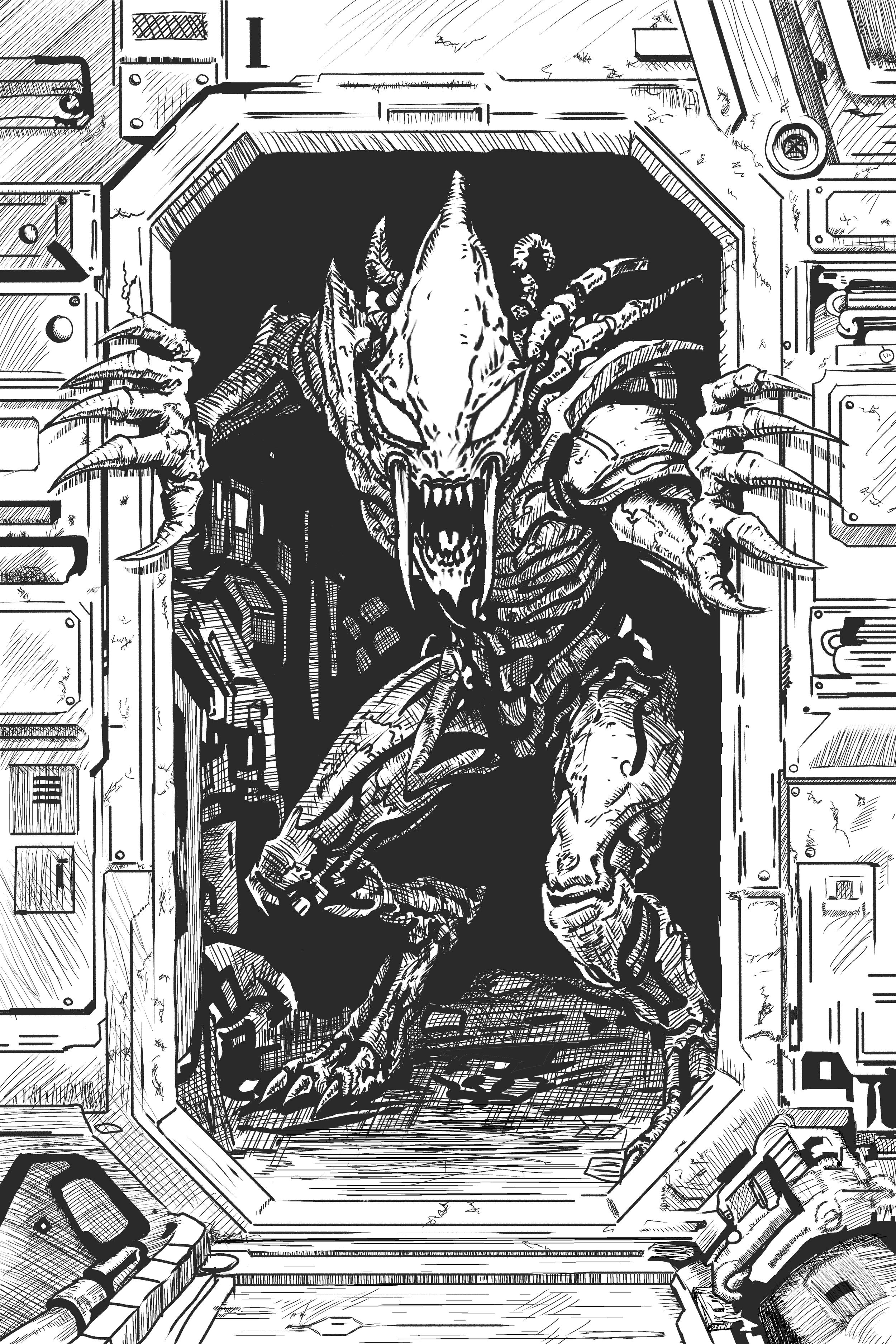 A detailed black and white comic-style drawing of an alien creature with a skeletal, lizard-like appearance emerging from a spaceship or space station door. The alien has a large head, sharp teeth, and clawed hands, with mechanical and technological elements surrounding the scene.