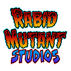 Colorful logo for 'RABID MUTANT STUDIOS' with fiery, jagged text in red, orange, and yellow, on a blue and red background.