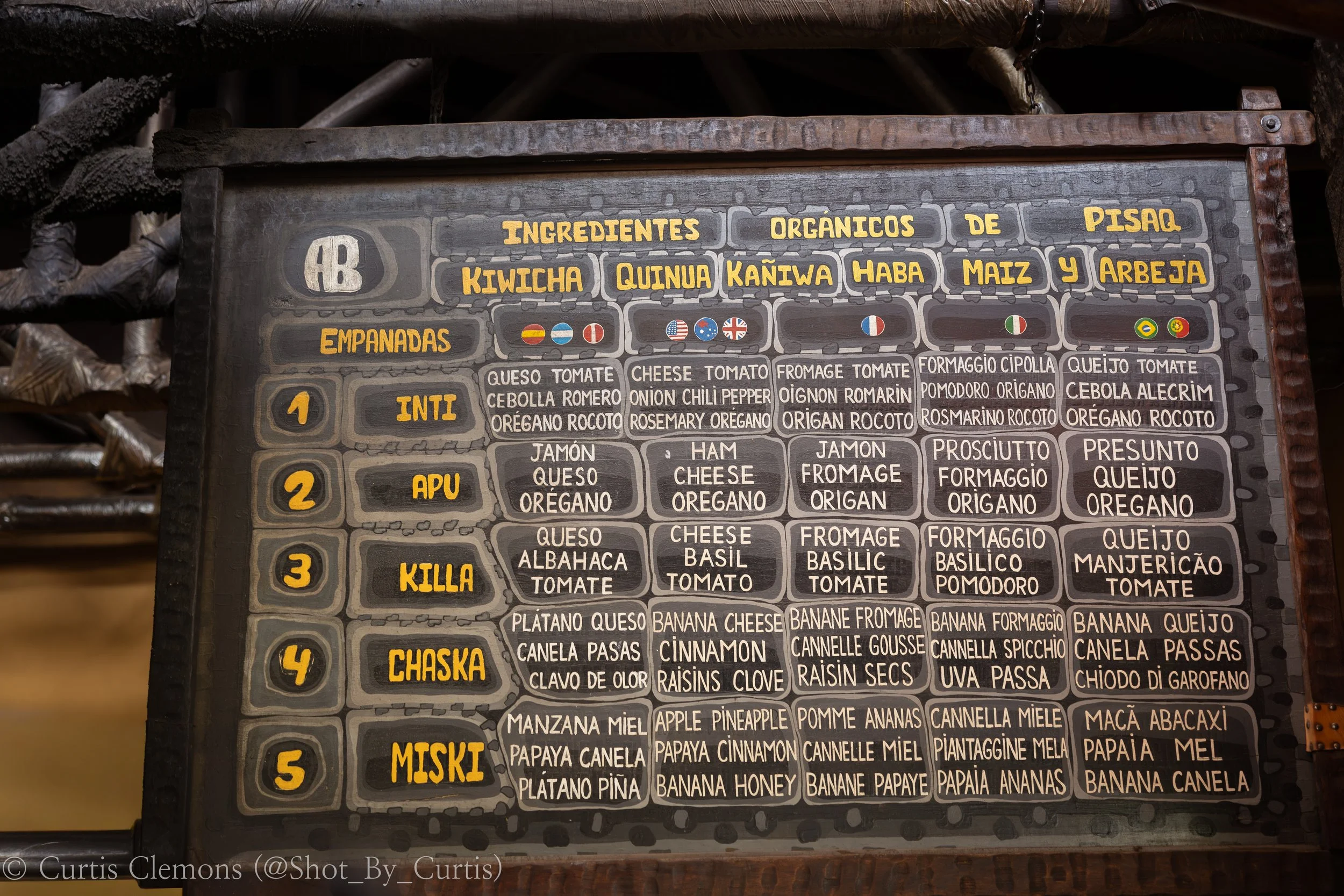 A chalkboard menu listing various ingredients and toppings in Spanish and English, with small flags representing different countries.