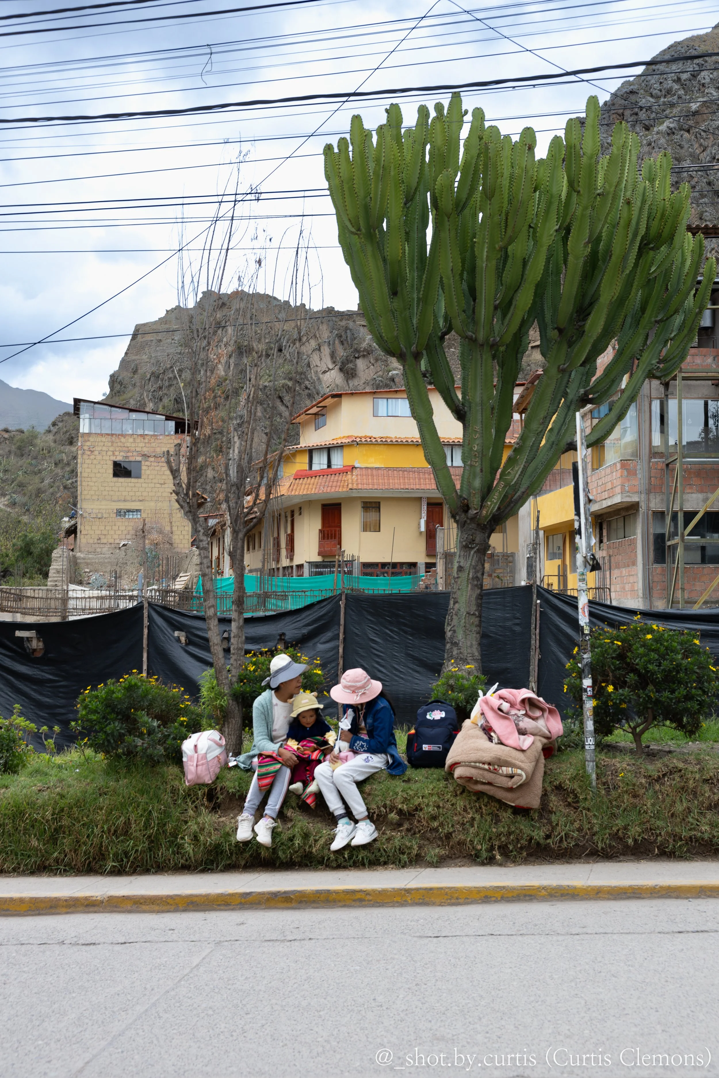 People sitting on a grassy hill near the street, with backpacks and blankets. Behind them are small trees, a black fence, and residential buildings, with power lines overhead. Mountain and cloudy sky in the background.