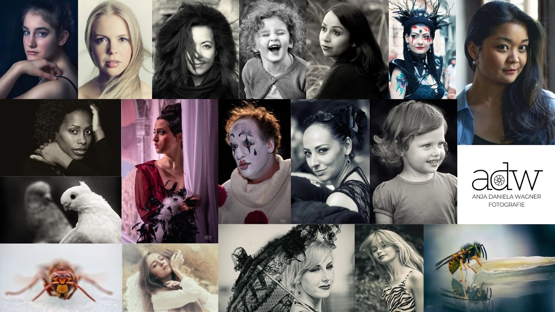 Collage of multiple portraits of women, children, animals, insects, and artistic images, with the photographer's logo 'adw' and the name Anja Daniela Wagner in the bottom right corner.