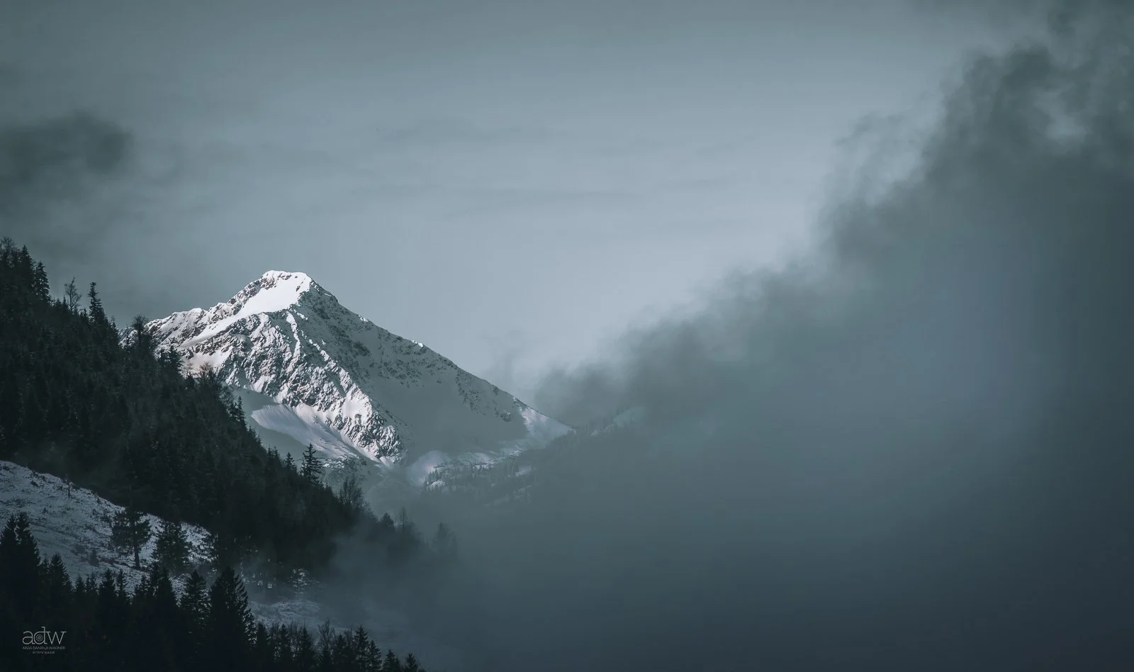Snow-covered mountain peak with dark forests on the slopes, surrounded by mist and clouds in a moody, overcast sky.