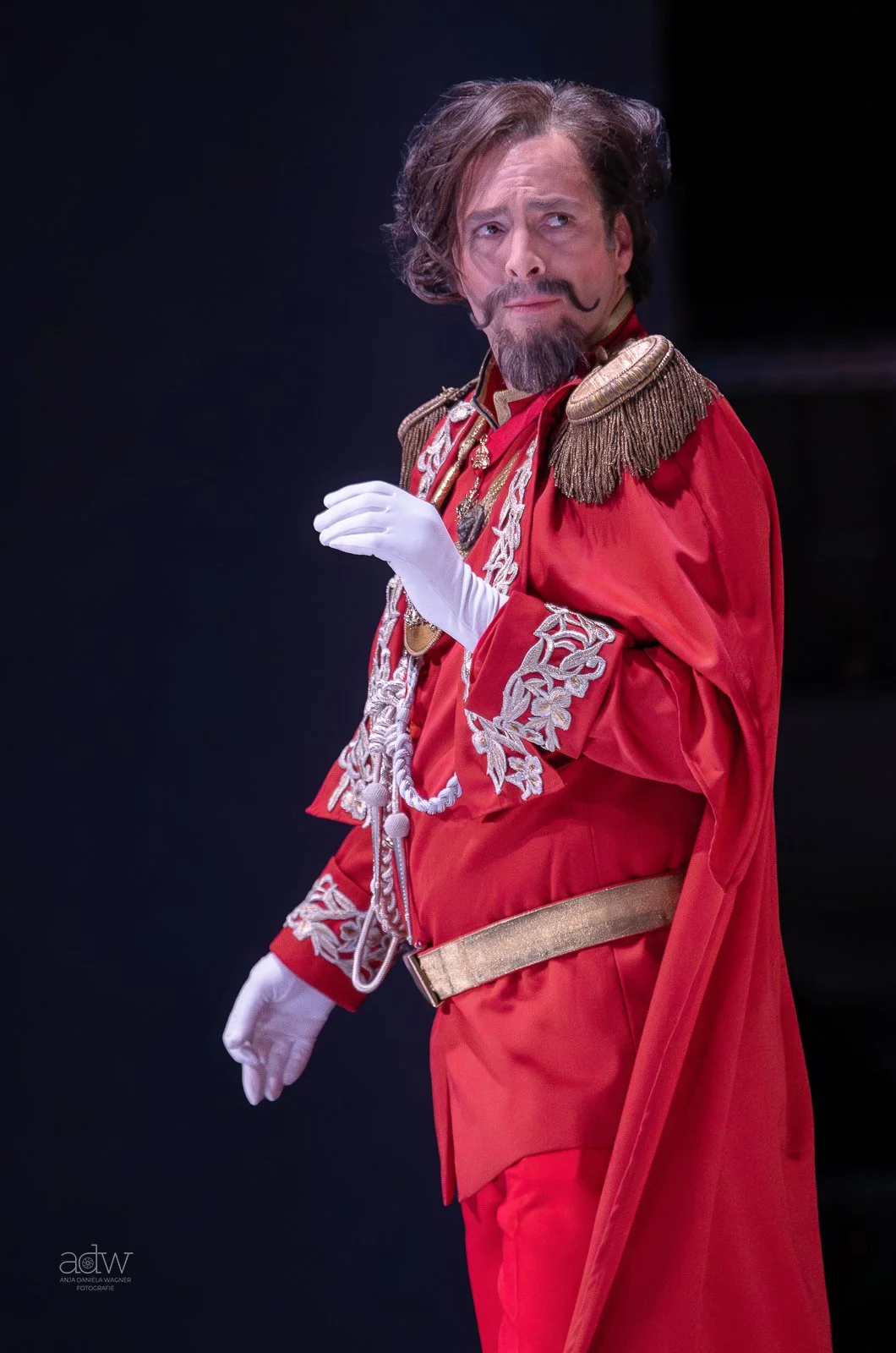 A man dressed as a prince or nobleman in a red and gold costume with white gloves, posing with a thoughtful or puzzled expression.