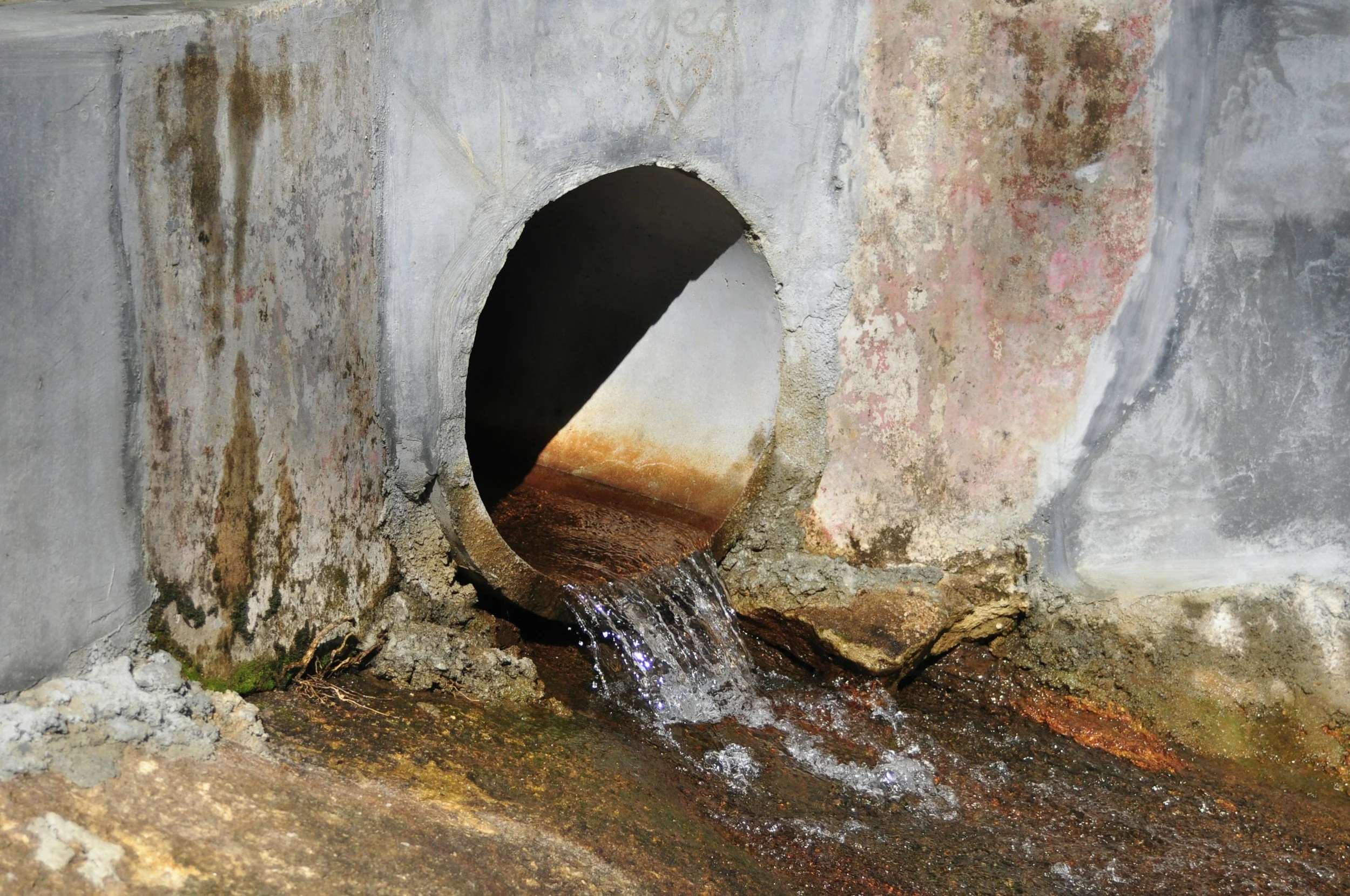 A concrete pipe with water flowing out of it onto a rough, mossy ground.