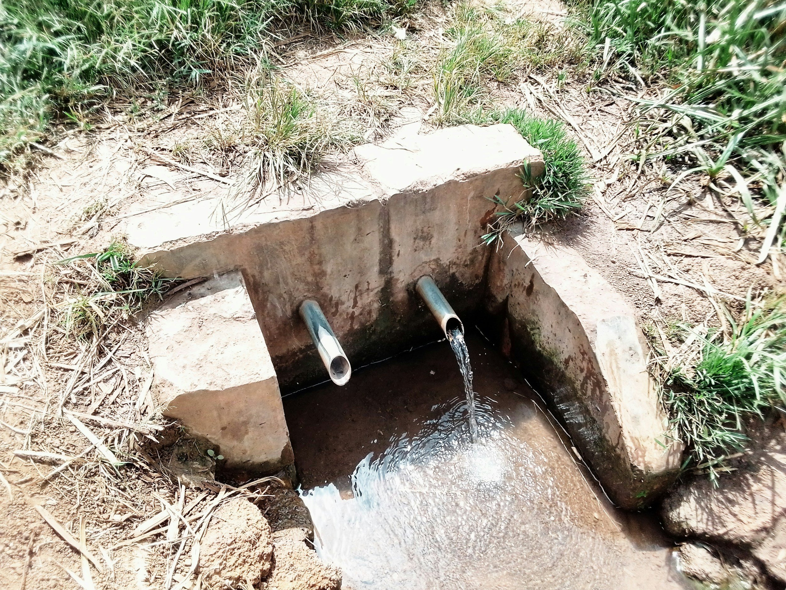A concrete water fountain with pipes flowing into it, set in a dirt and grassy outdoor area.