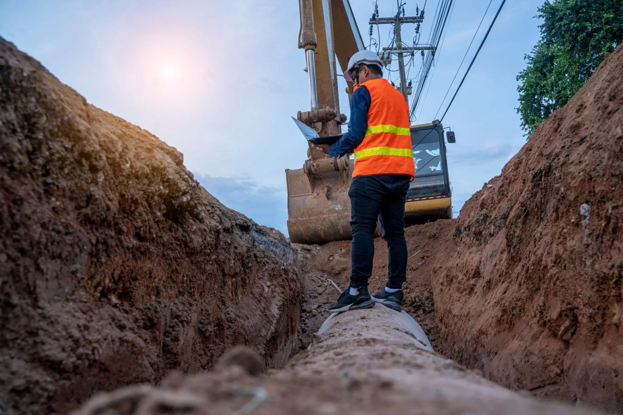 A worker in a safety vest and helmet inspecting an underground pipeline with a tablet, near a construction excavator during daylight.