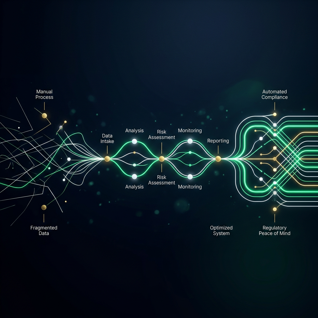 Flowchart illustrating data analysis process from fragmented data to automated and regulated systems for peace of mind.