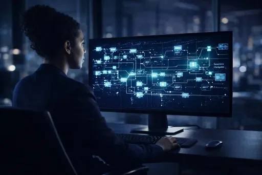 Woman analyzing a digital flowchart or network diagram on a computer monitor in a dark office setting.