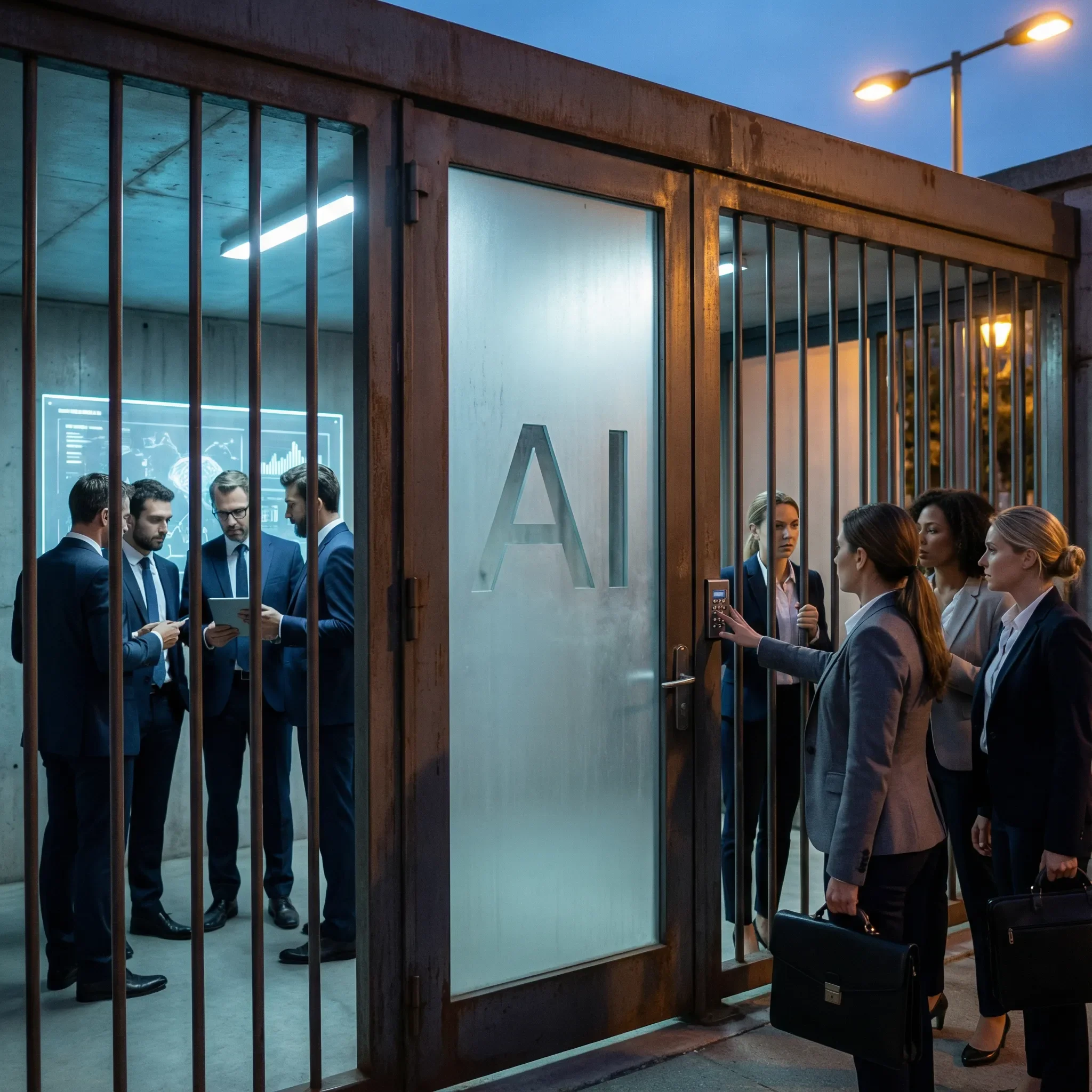 A group of business professionals, both men and women, waiting outside an AI research facility at dusk. Some are entering the building through an electronic keypad while others are inside, looking at data on a screen.