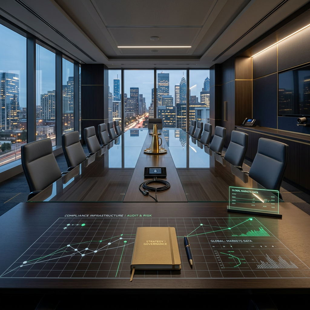 A modern conference room with a city skyline view through large windows, a long glass table with chairs, and digital charts and notes related to market data and governance on the table.