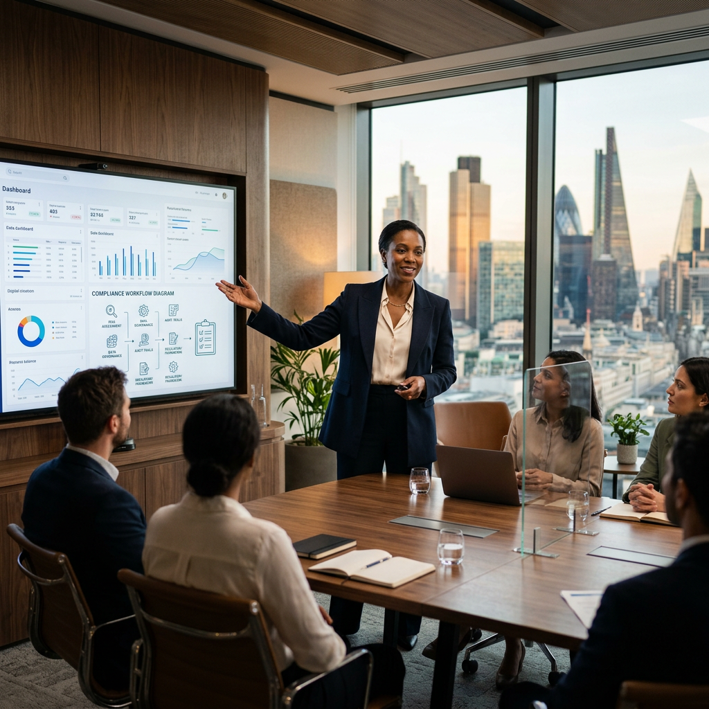 A business woman presenting a dashboard with charts and graphs to a group of colleagues in a boardroom with city skyline view