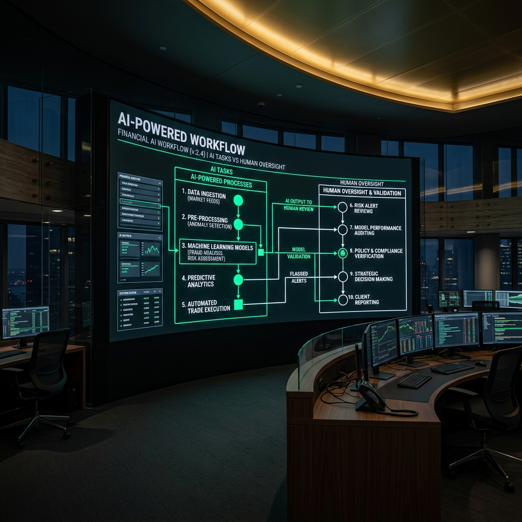 Large digital display screen showing an AI-powered workflow diagram for financial AI tasks and human oversight processes inside a modern office with multiple computer monitors.