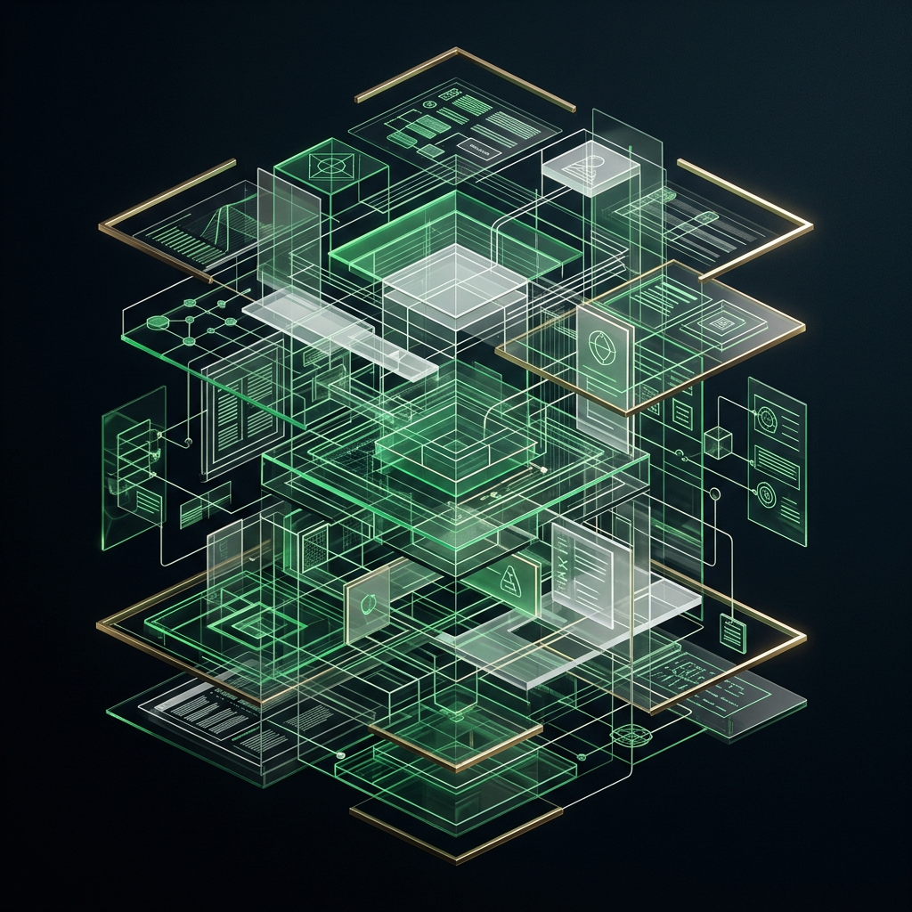 A digital, holographic 3D display of interconnected technology interfaces, graphs, and data visualizations glowing with green and white lines against a dark background.