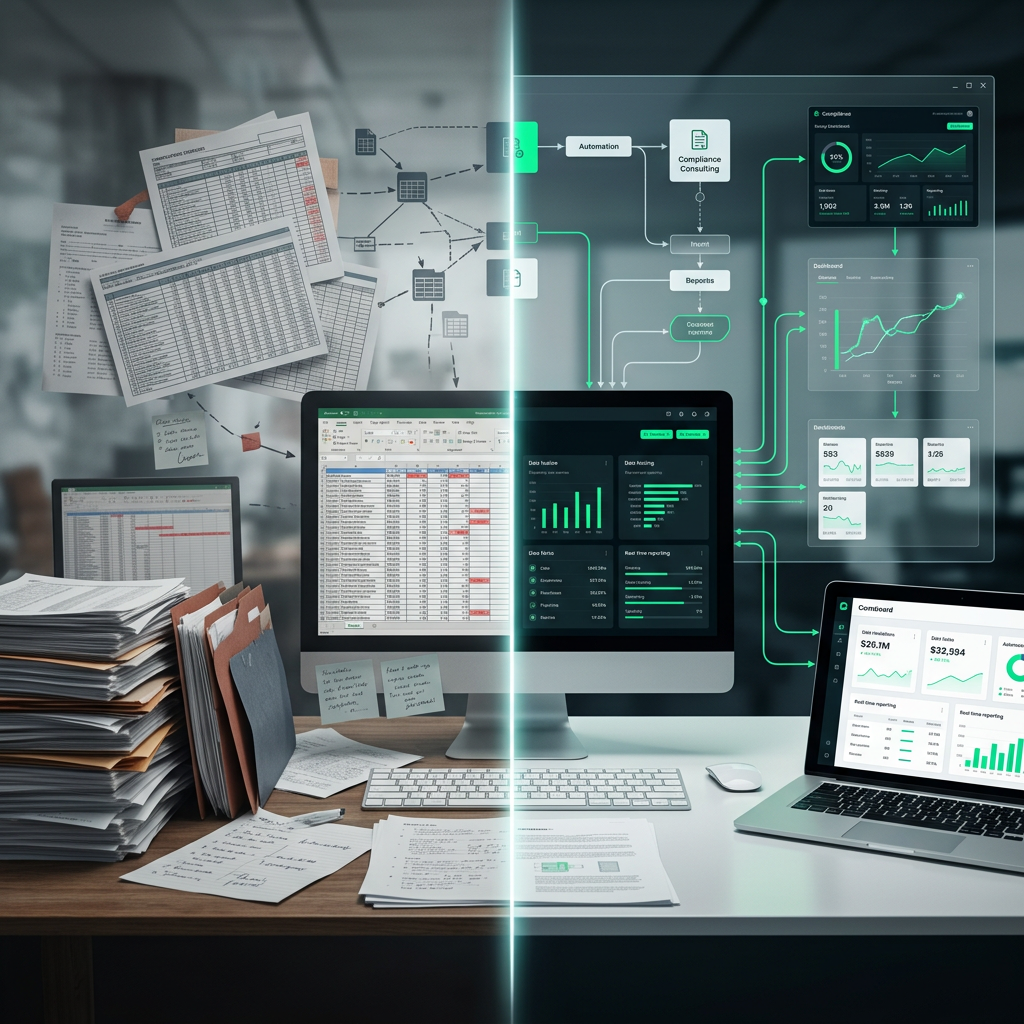 Comparison of traditional manual paperwork on the left with digital data analysis on the right, showing papers, folders, and handwritten notes versus computer screens with charts and data dashboards.