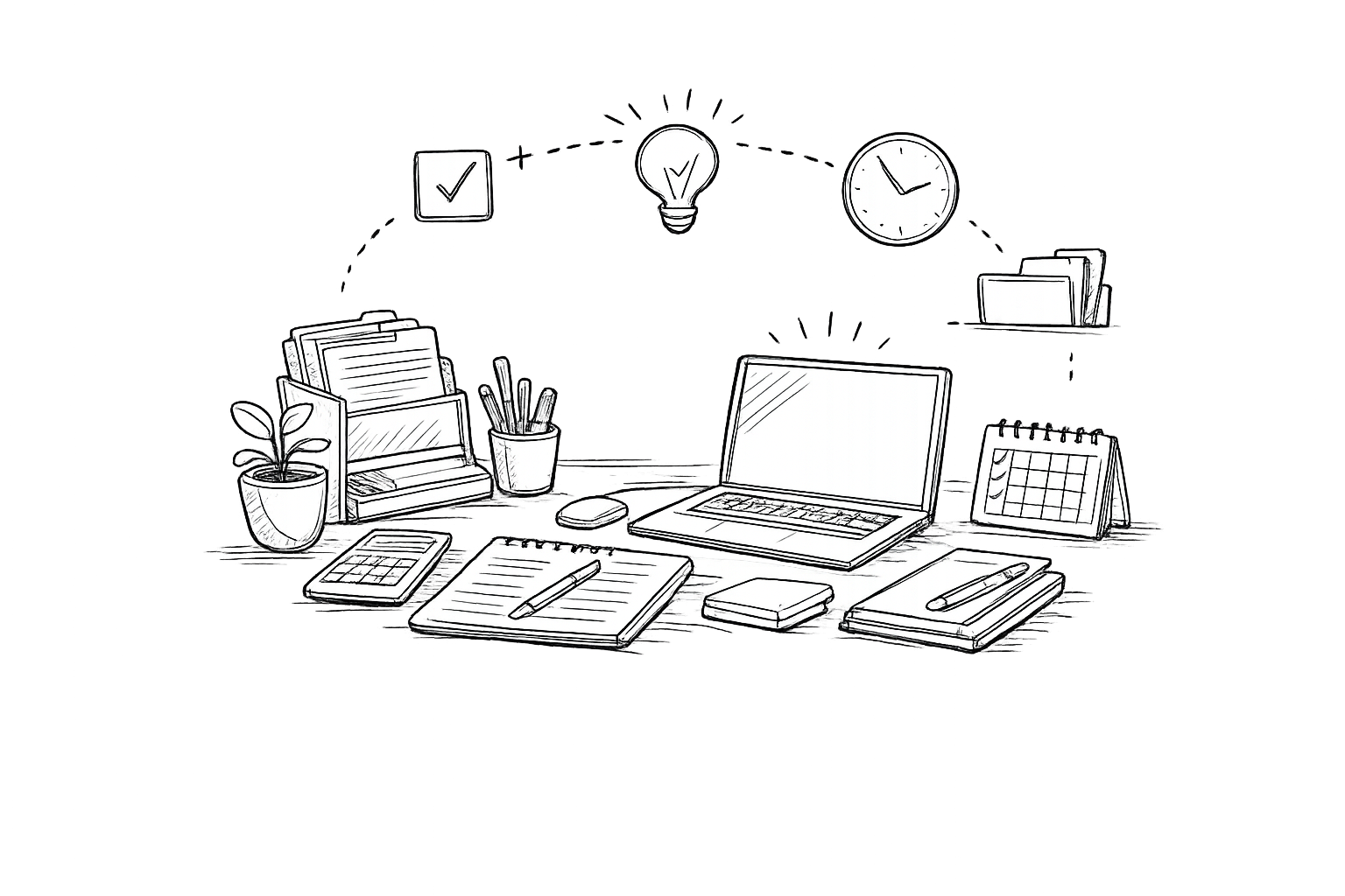 Geometrische schets van een kantoorwerkplek met een laptop, telefoon, pennen, notitieboekjes, een kalender, documenten, een muis, en planten, omgeven door symbolen zoals een lichtbulb, klok en checklist.