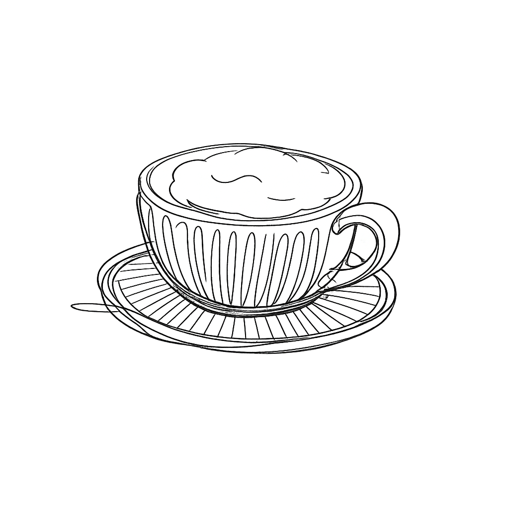 Een tekening van een kopje koffie of thee met schuim op een schotel. 