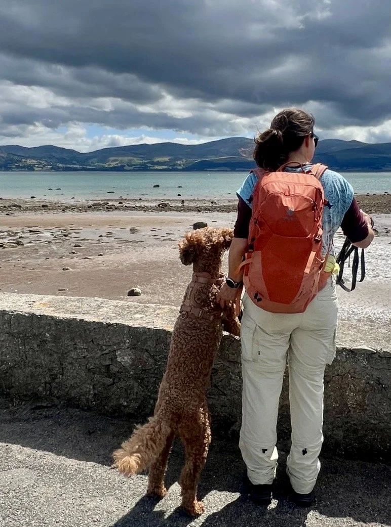 Vrouw met rugzak die samen met haar hond naar het water kijkt bij een strand met bergen op de achtergrond onder een bewolkte lucht.