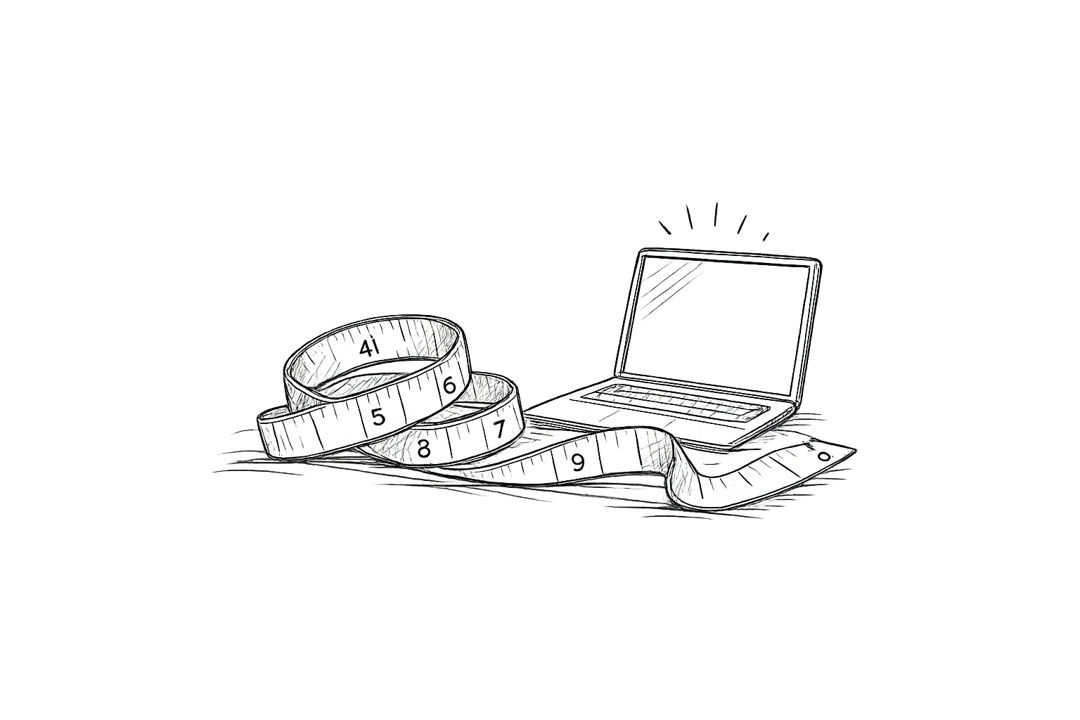 Schets van een opgerolde meetlint en een open laptop op een zwarte achtergrond.
