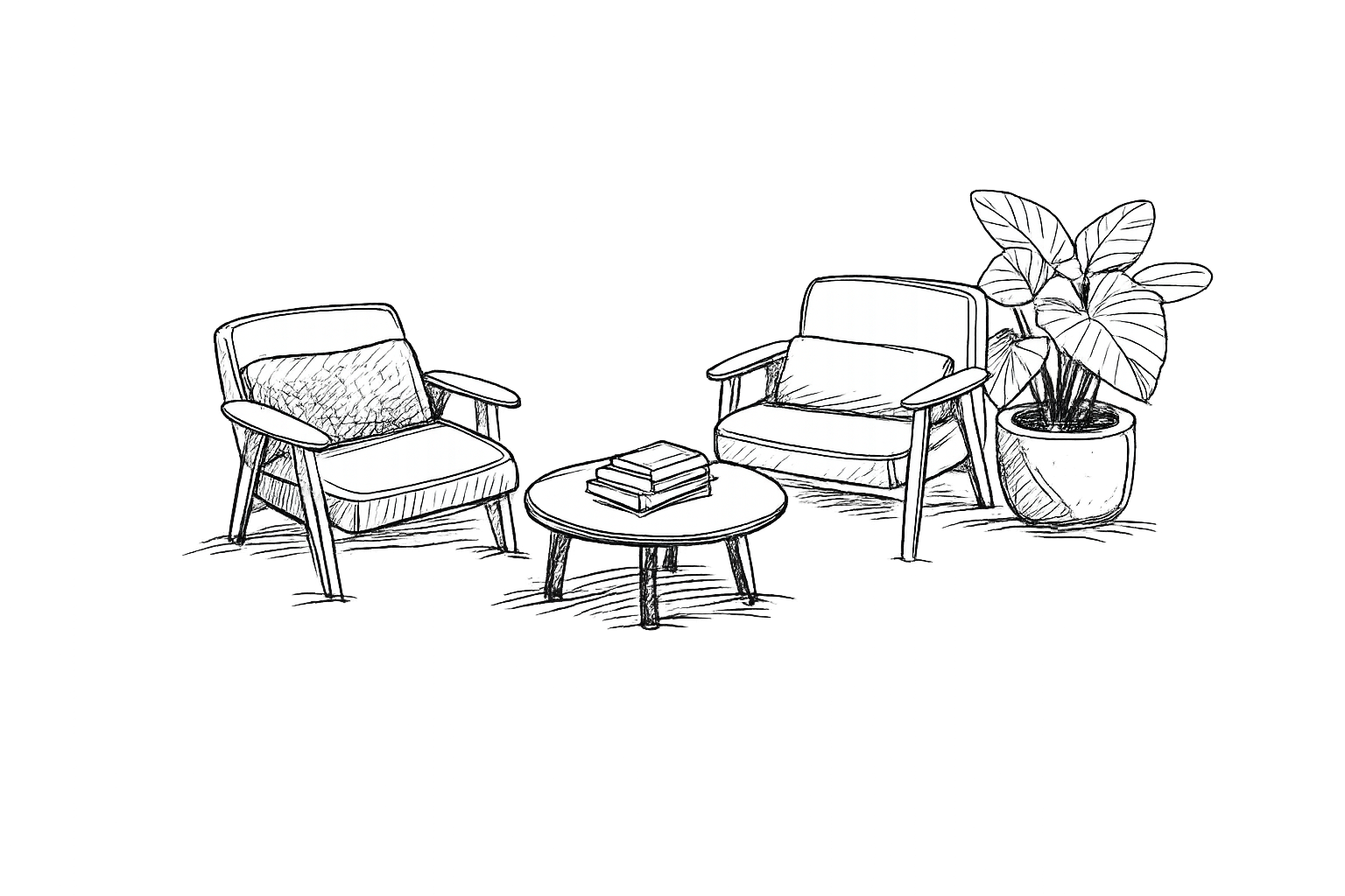 Tekeningen van twee woonkamerstoelen, een salontafel met boeken en een grote plant in een pot.