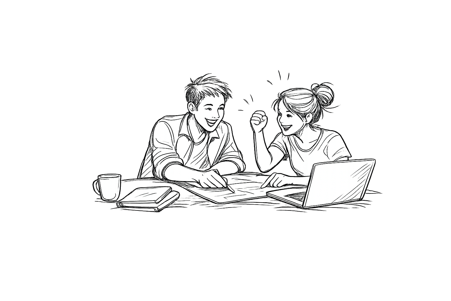 Twee mensen die samen aan een tafel werken, lachen en plezier maken, met een laptop, boeken en een kopje koffie of thee.