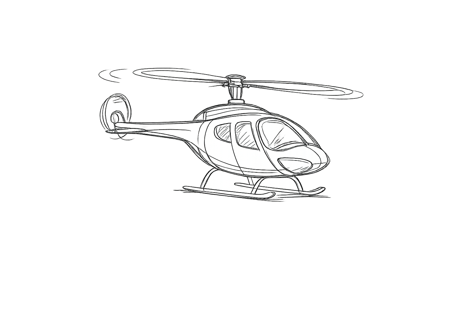 Een schets van een helikopter met een moderne aerodynamische vorm en een roterend blad bovenop.