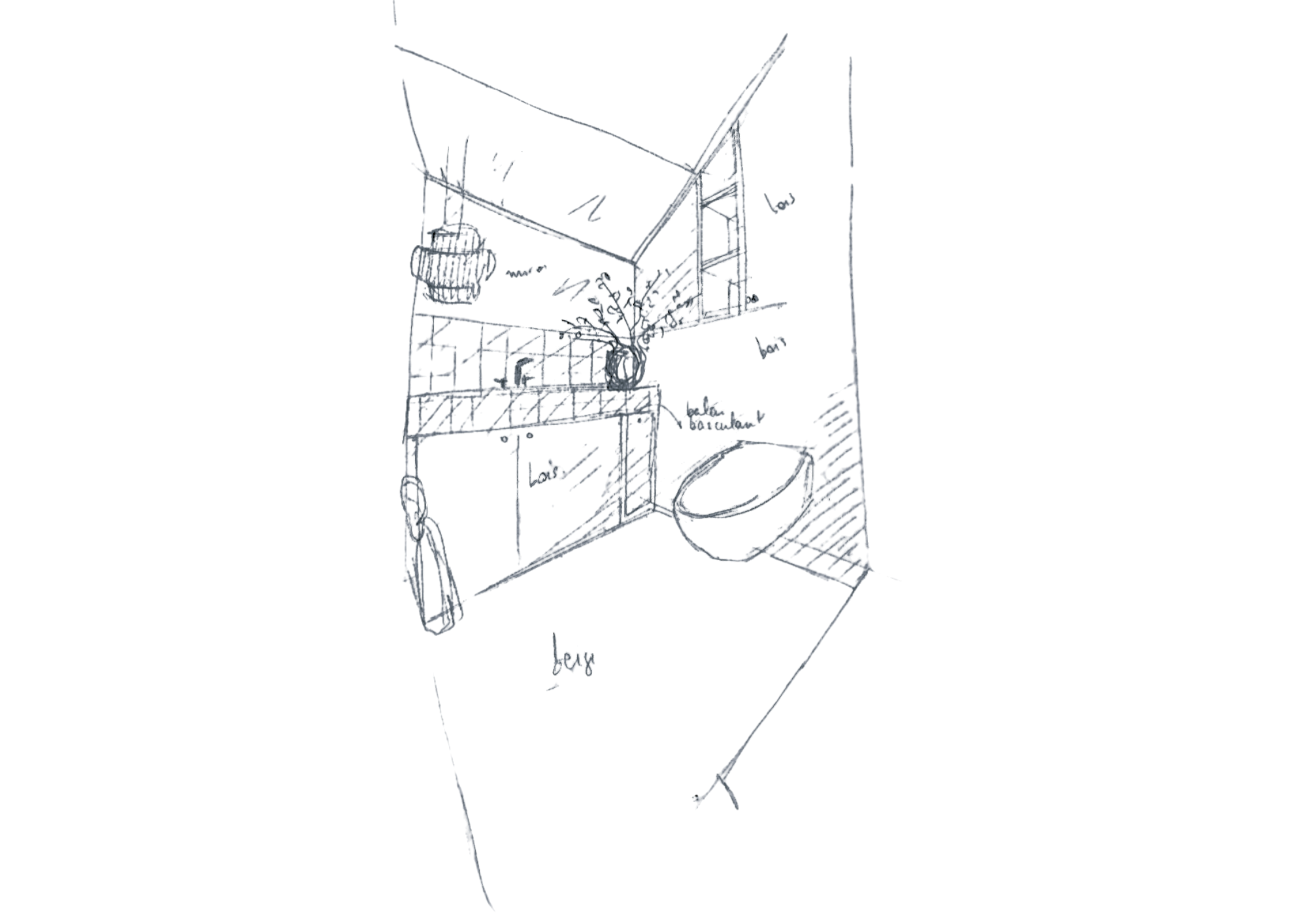 Croquis d'architecture d'intérieur fait par Elsa Meslet - architecte d'intérieur à Cherbourg , avec 'une étagère avec une plante, une lampe et des objets différents, vue en perspective avec des annotations.
