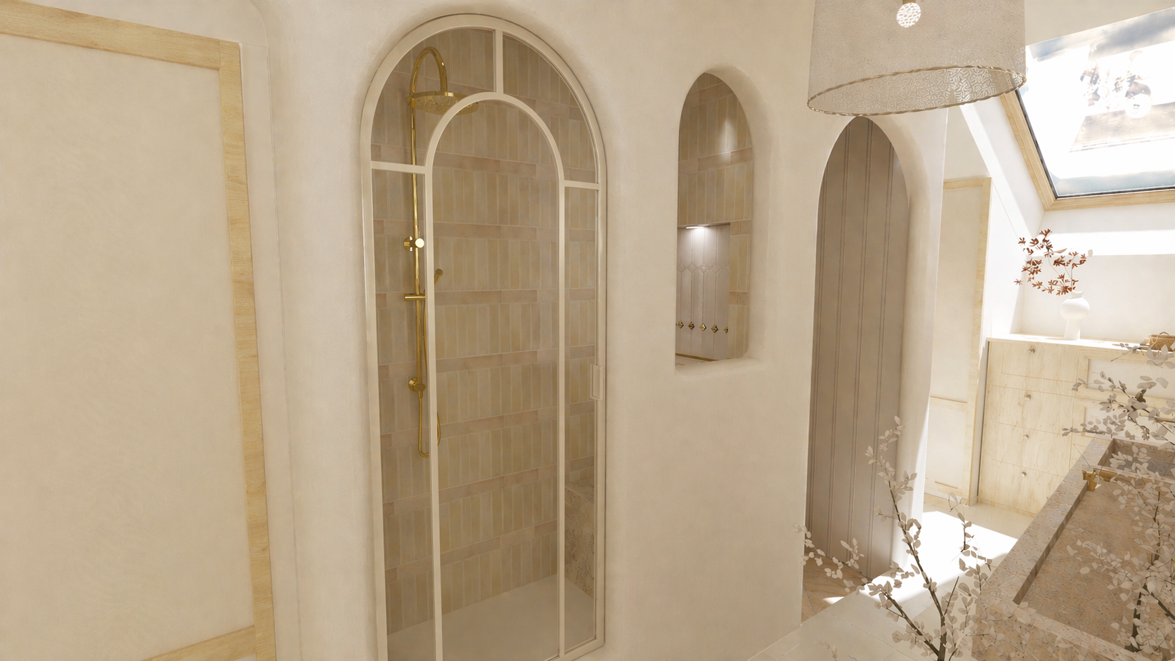 Salle de bain lumineuse et épurée avec verrière beige