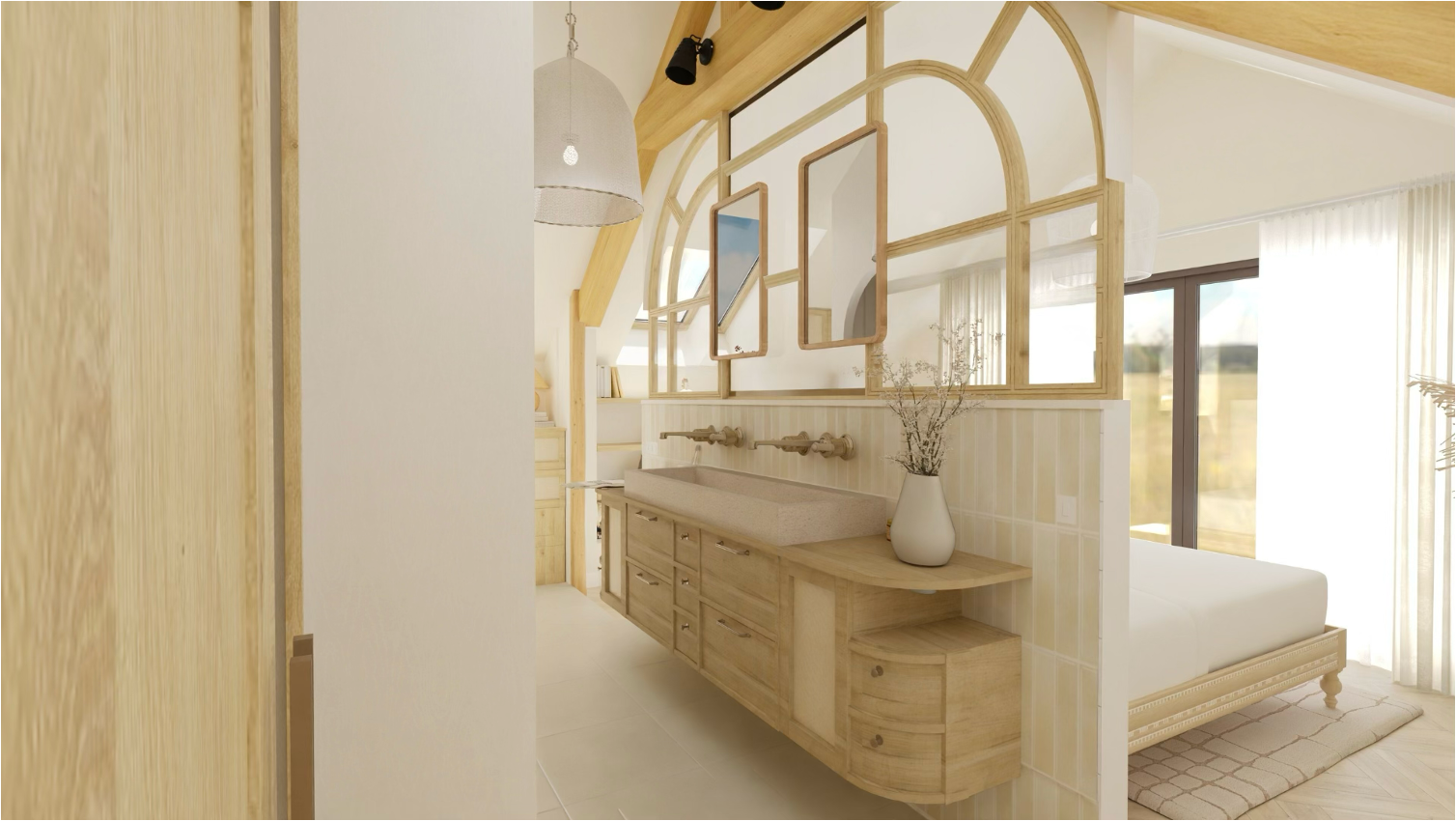 salle de bain lumineuse et épurée avec double vasque, matières naturelles et verrière