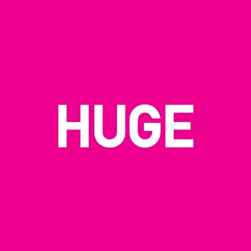 Pink background with the word 'HUGE' in bold white letters.