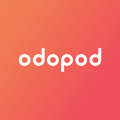 The logo of Odopod with white lowercase letters on a gradient pink-orange background.