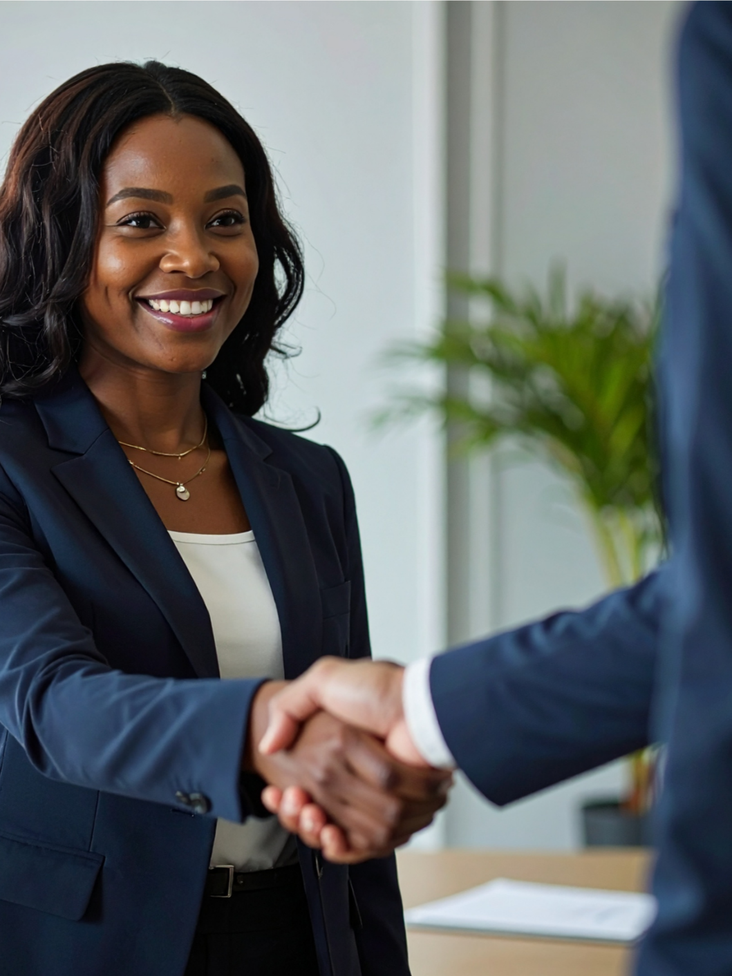 A woman with dark hair smiling and shaking hands with a person in a business suit in an office setting.