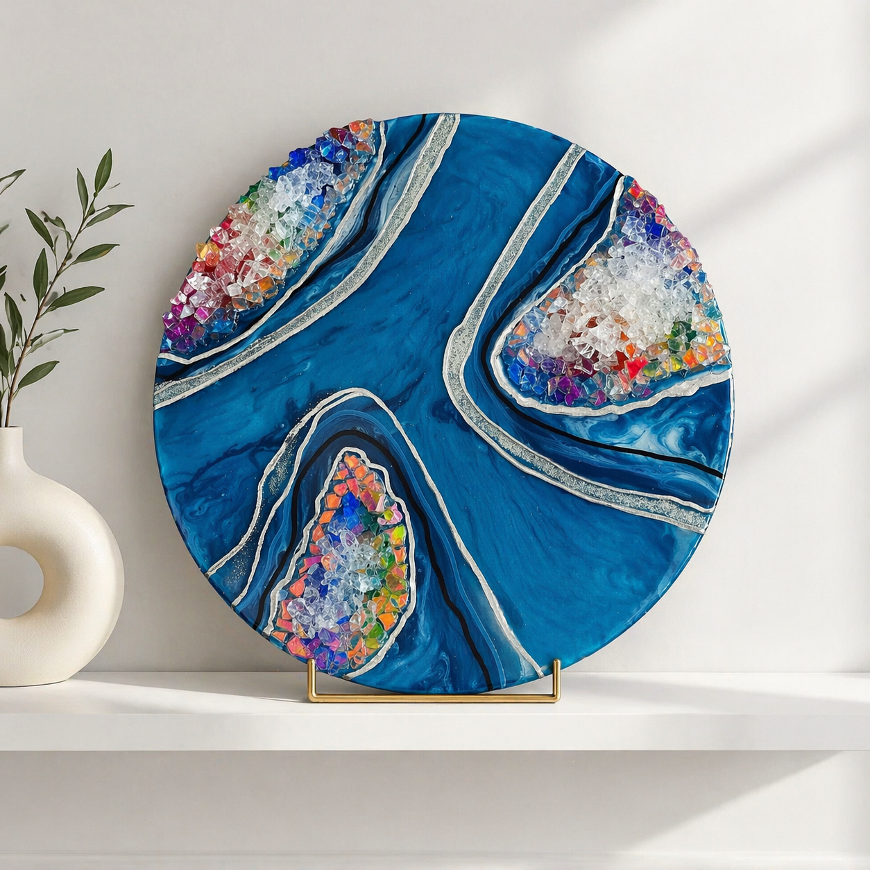 Pride islands

This is a 12 inch round wood panel with paint, mica, pigment, marker, glitter, fire glass, and resin.  