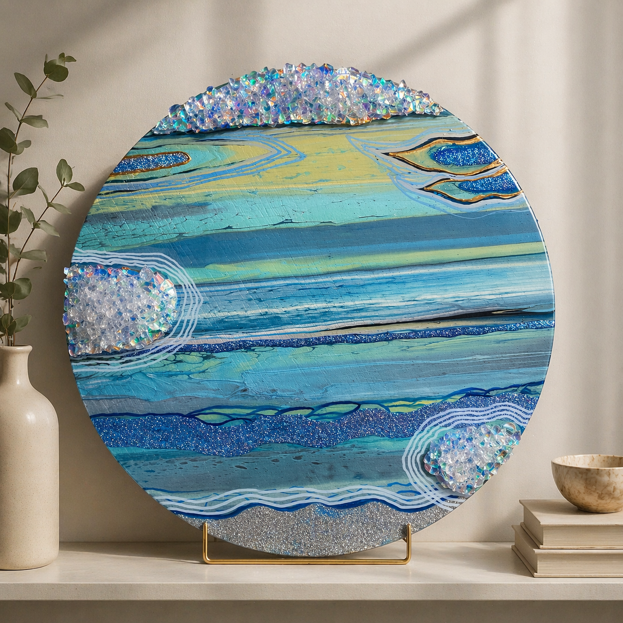 Layered dimensions. 

This is a 18 inch round MDF panel with acrylic paint, marker, acrylic ink, fire glass, glitter and resin. 