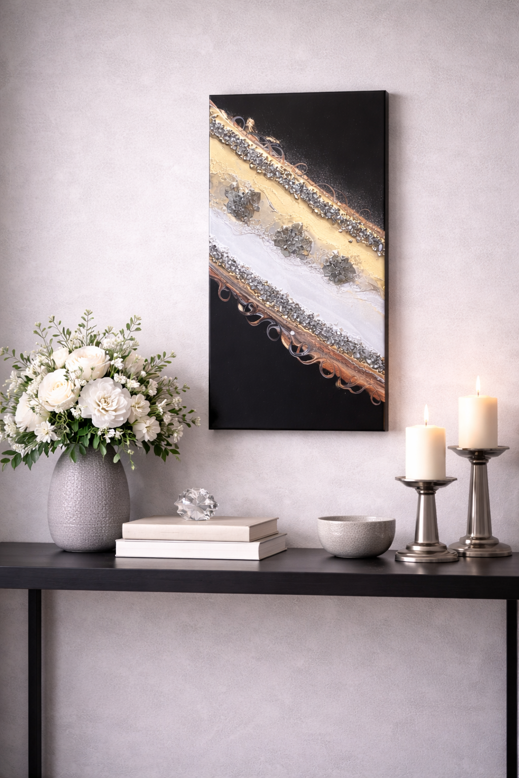Black tie event

10 by 20 inch level 3 gallery wrapped canvas with acrylic paint, fire glass, mica and resin. 