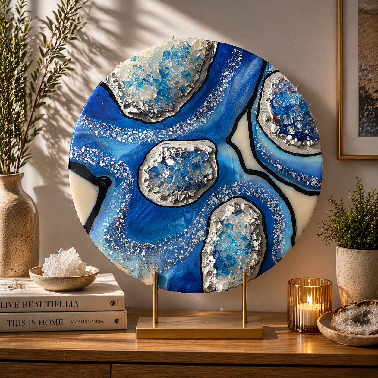 Cerulian Serenity

This is a 12 inch round wood panel with mica powder, paint, resin, fireglass, glitter and marker